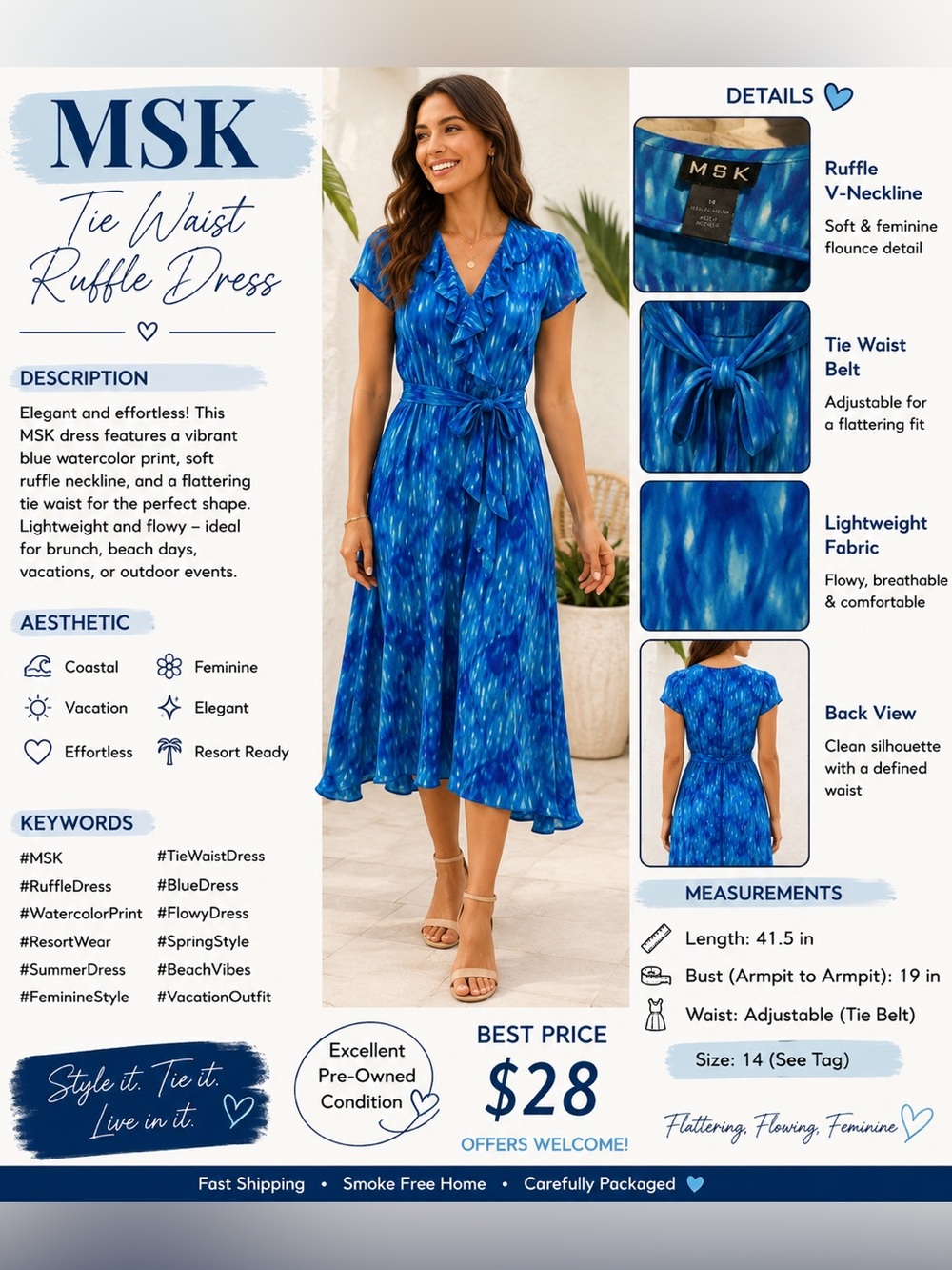 MSK Blue Ruffle-Front Midi Dress